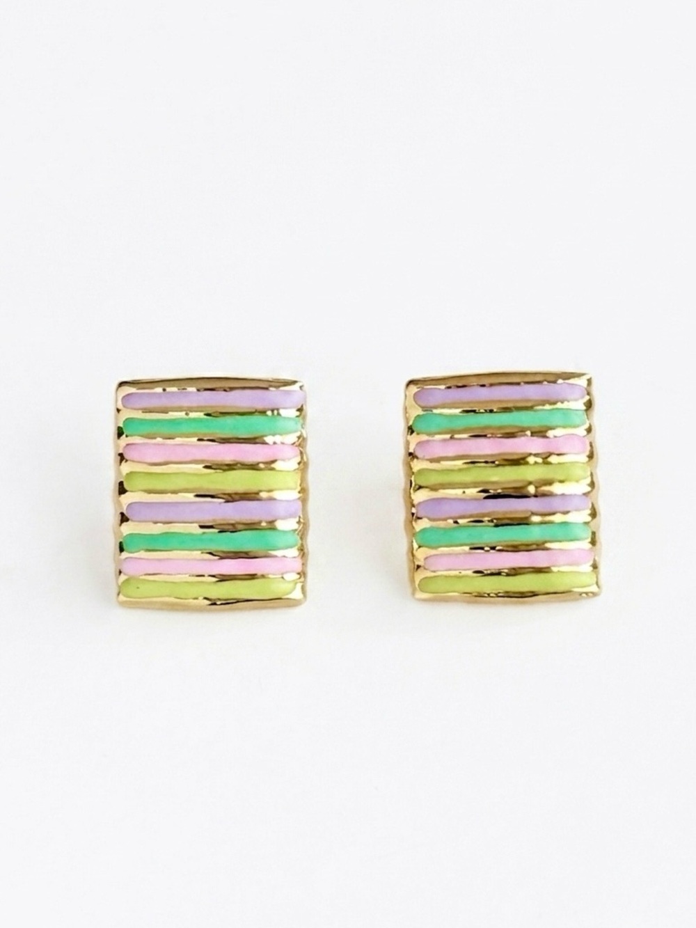 14K Gold Plated Pastel Stripe Rectangular Earrings | Lightweight Jewelry - Picture 4 of 8